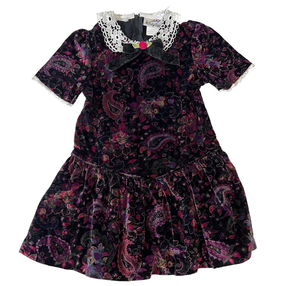 Baby Togs Vintage Velvet Floral Paisley Lace Collar Dress Toddler 3T